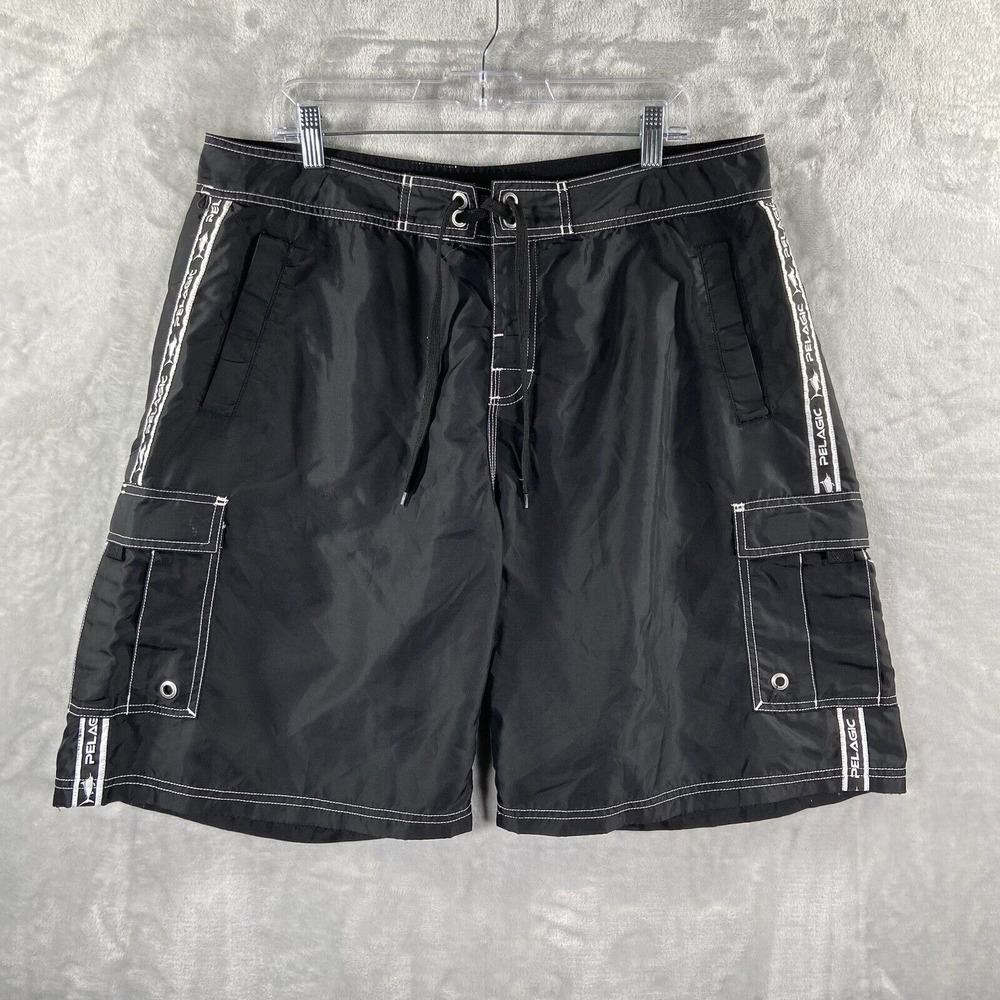 Pelagic Board Shorts men's 38 Cargo Pockets 10" Inseam Swim Trunks Black Nylon